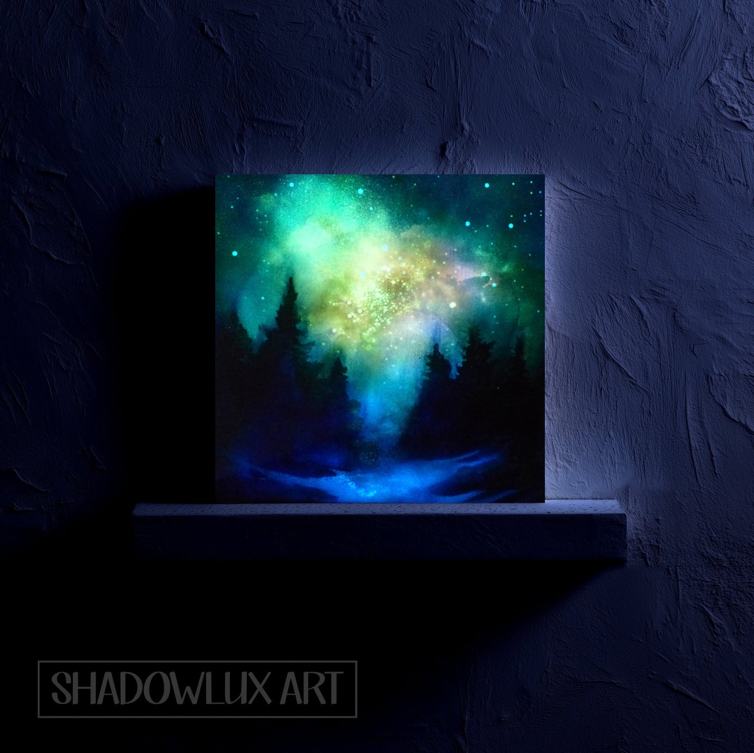 starry night glow art of forest with trees and nebula on a white shelf in the darkness