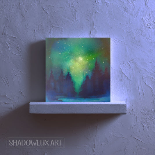 glowing in the night  artwork of a forest under a starry night sky with 'Shadowlux Art' branding.