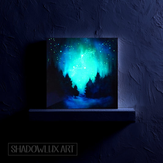 glow in the dark aurora art with a starry sky with 'Shadowlux Art' branding.