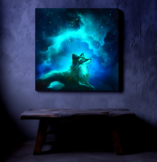 Glow in the dark fox painting against a starry night sky on a textured wall.