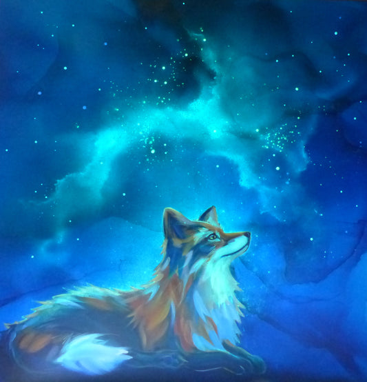 glow in the dark Fox gazing into a starry, cosmic landscape