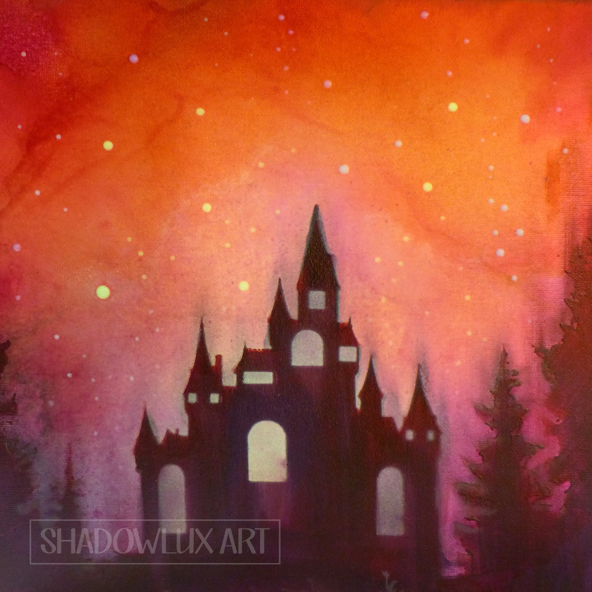 Silhouette of a castle glowing in UV charged paint, against an orange and pink gradient sky with 'Shadowlux Art' branding.