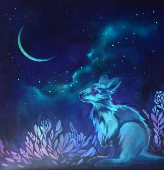 glow in the dark kangaroo in a starry night sky with glowing plants