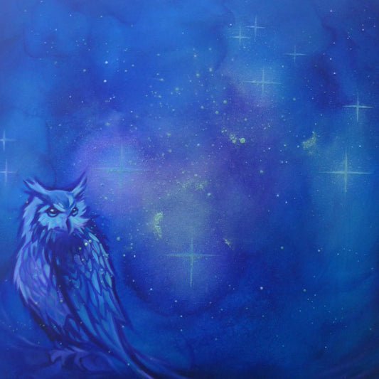 glow in the dark Owl against a starry night sky with blue and purple hues