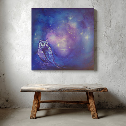 glow Painting of an owl in a starry night sky above a wooden bench.