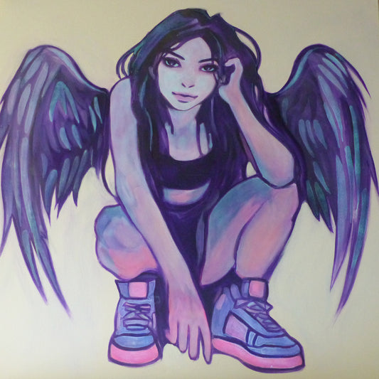 Glow in the dark painting of a girl with purple wings 