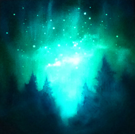 glow in the dark Aurora borealis over a forest with silhouetted trees