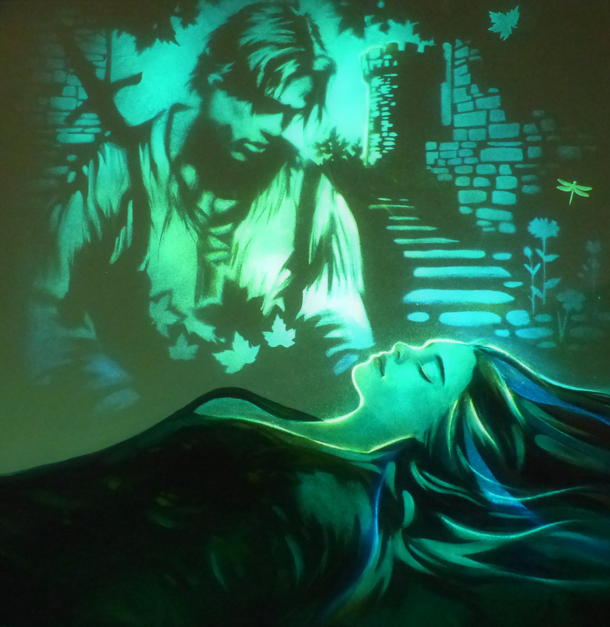 glow in the dark painting sleeping beauty with Brad Pitt as the prince
