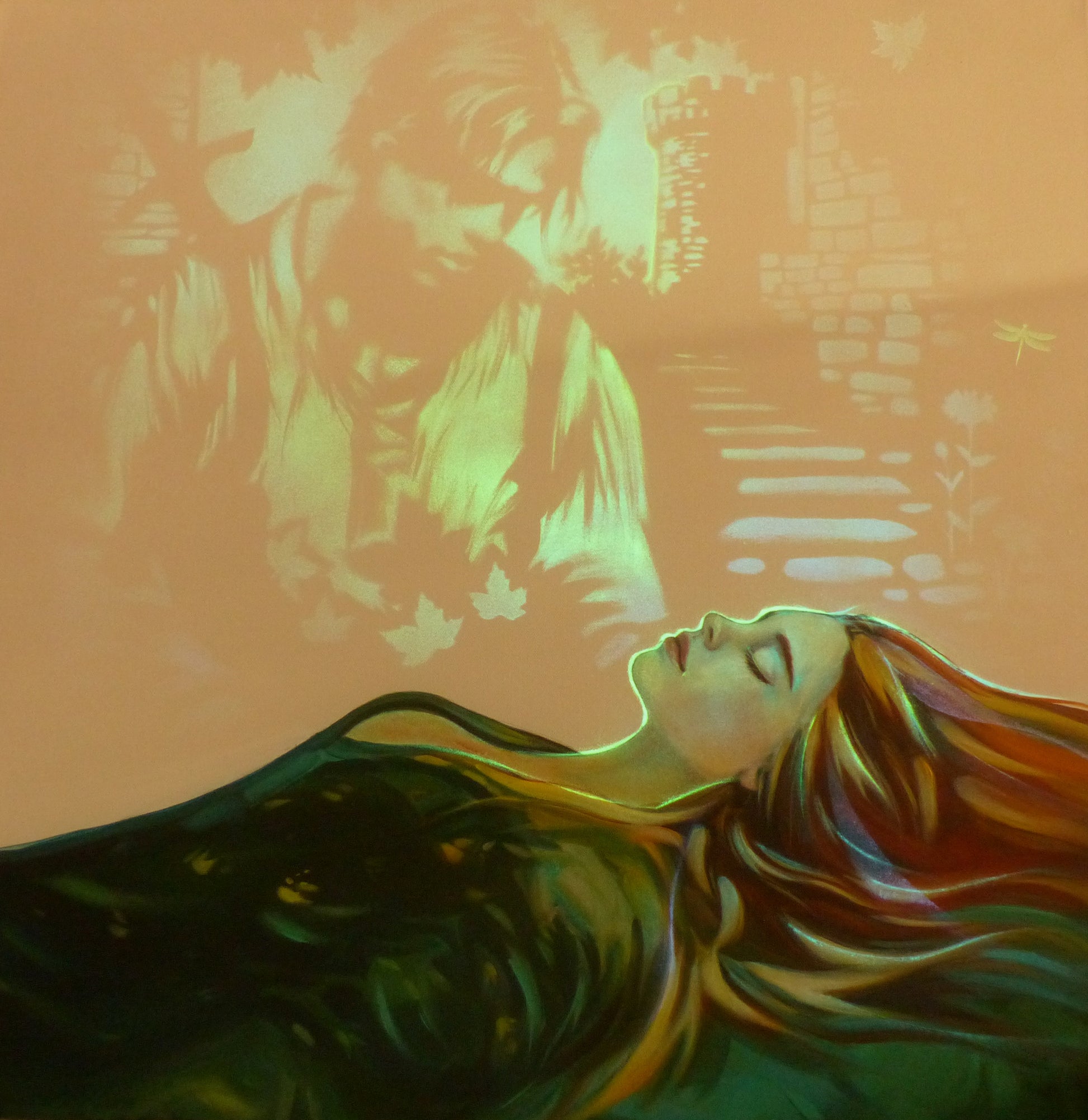 glow in the dark sleeping beauty painting with Brad Pitt as the prince