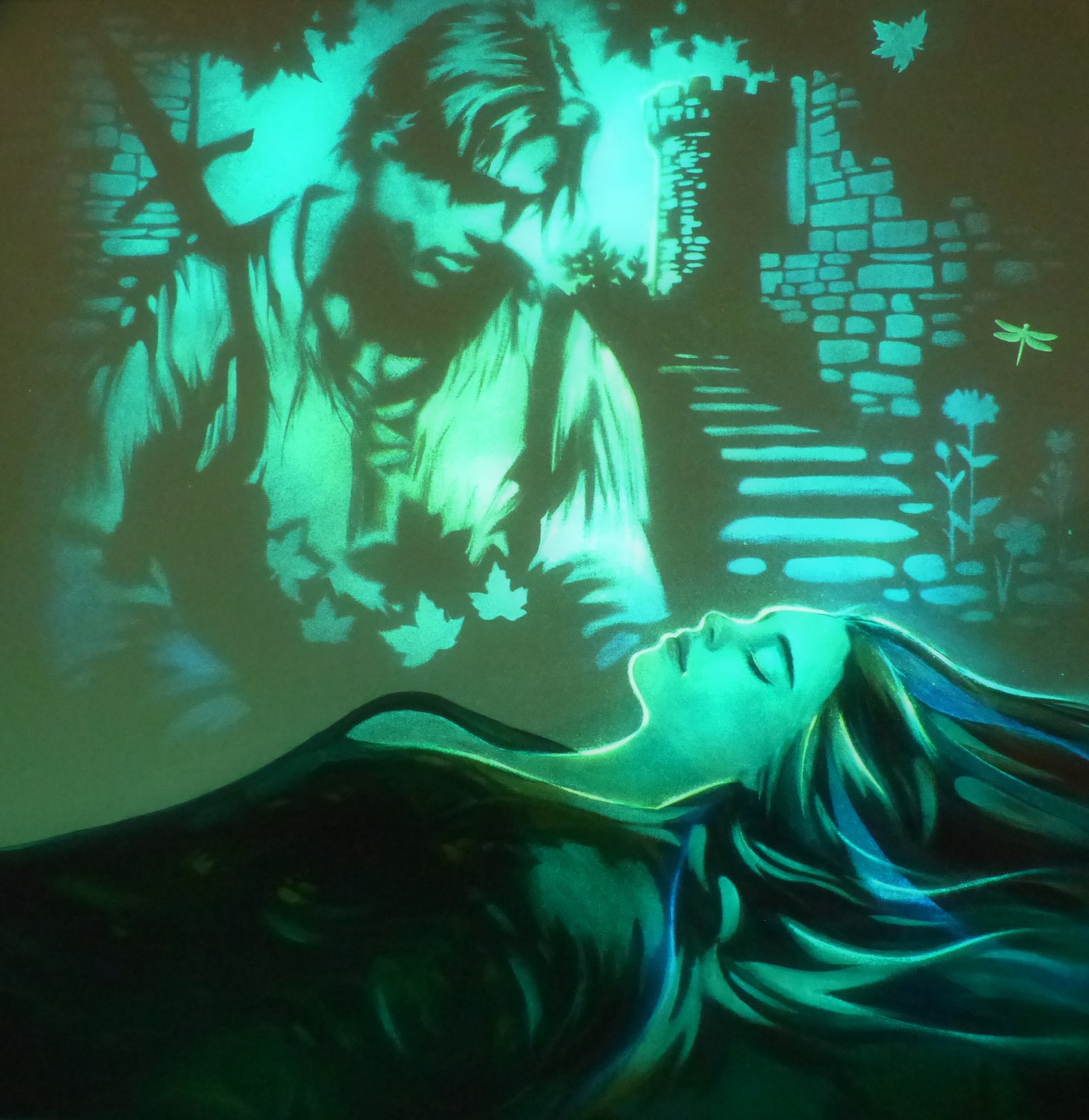 glow in the dark sleeping beauty painting with Brad Pitt as the prince