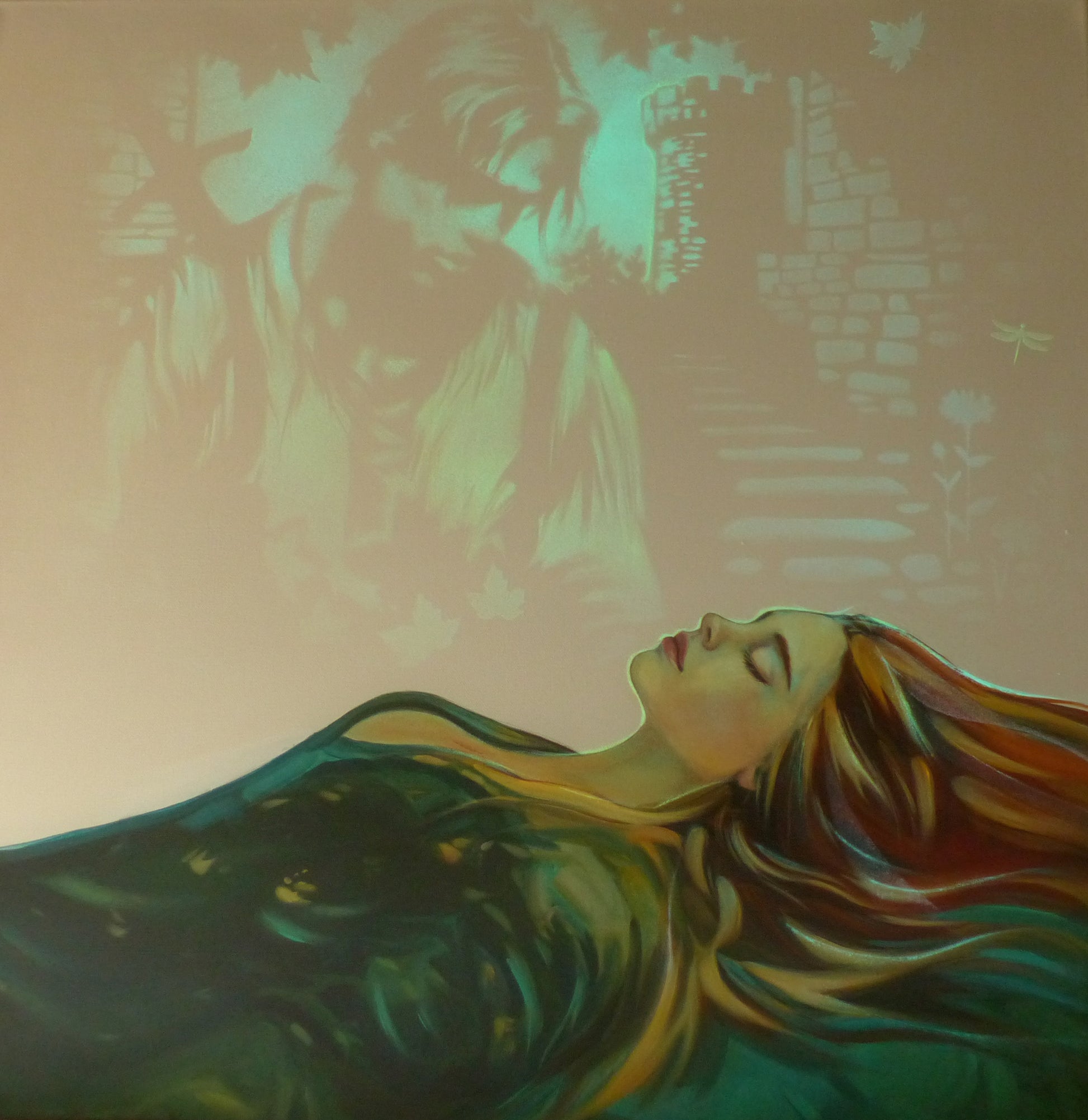 glow in the dark sleeping beauty painting with Brad Pitt as the prince