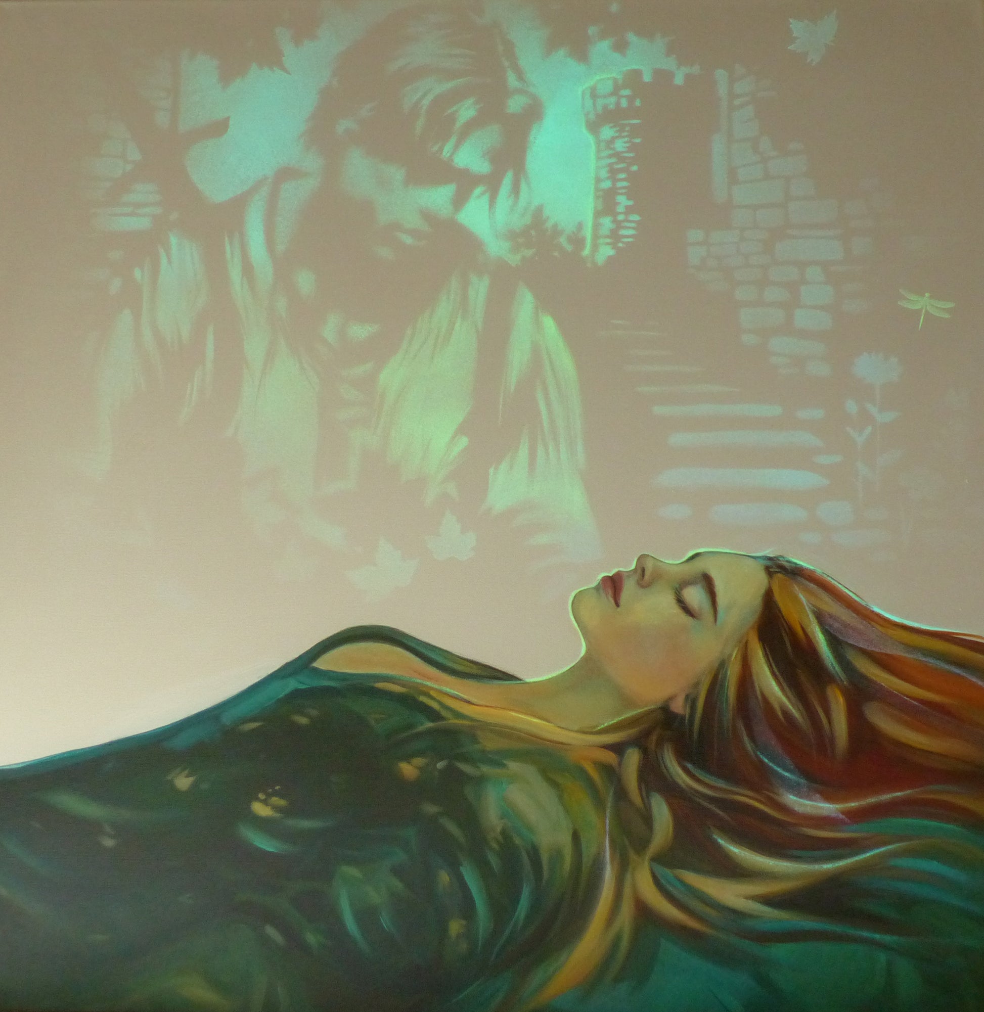 glow in the dark sleeping beauty painting with Brad Pitt as the prince