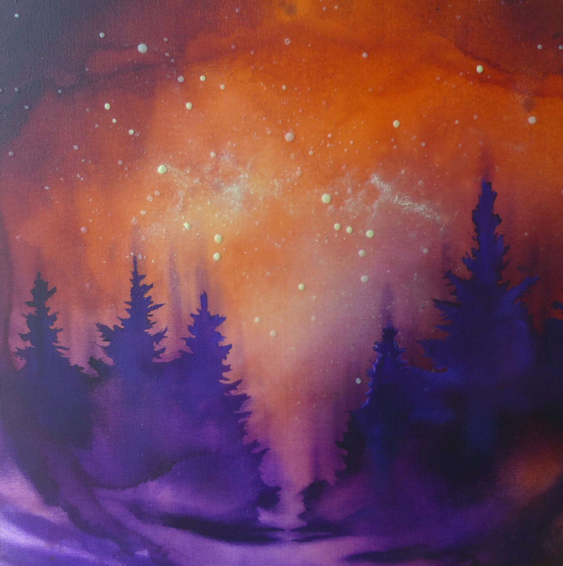 glow in the dark sunset starry night sky painting , purples and browns 