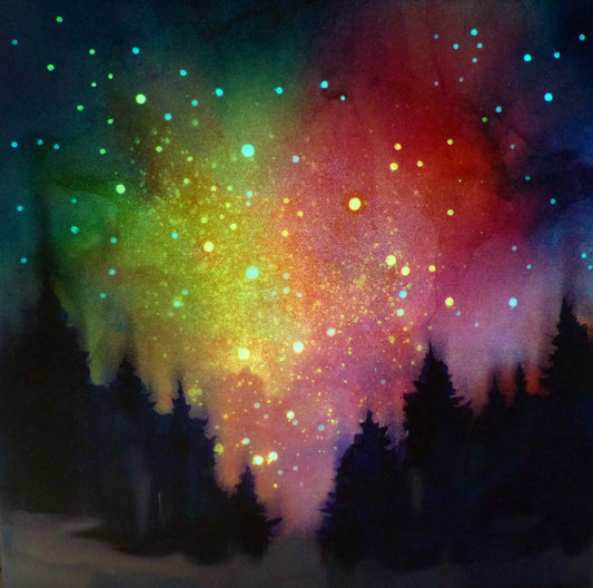 glow art, Colorful starry night sky over silhouetted trees