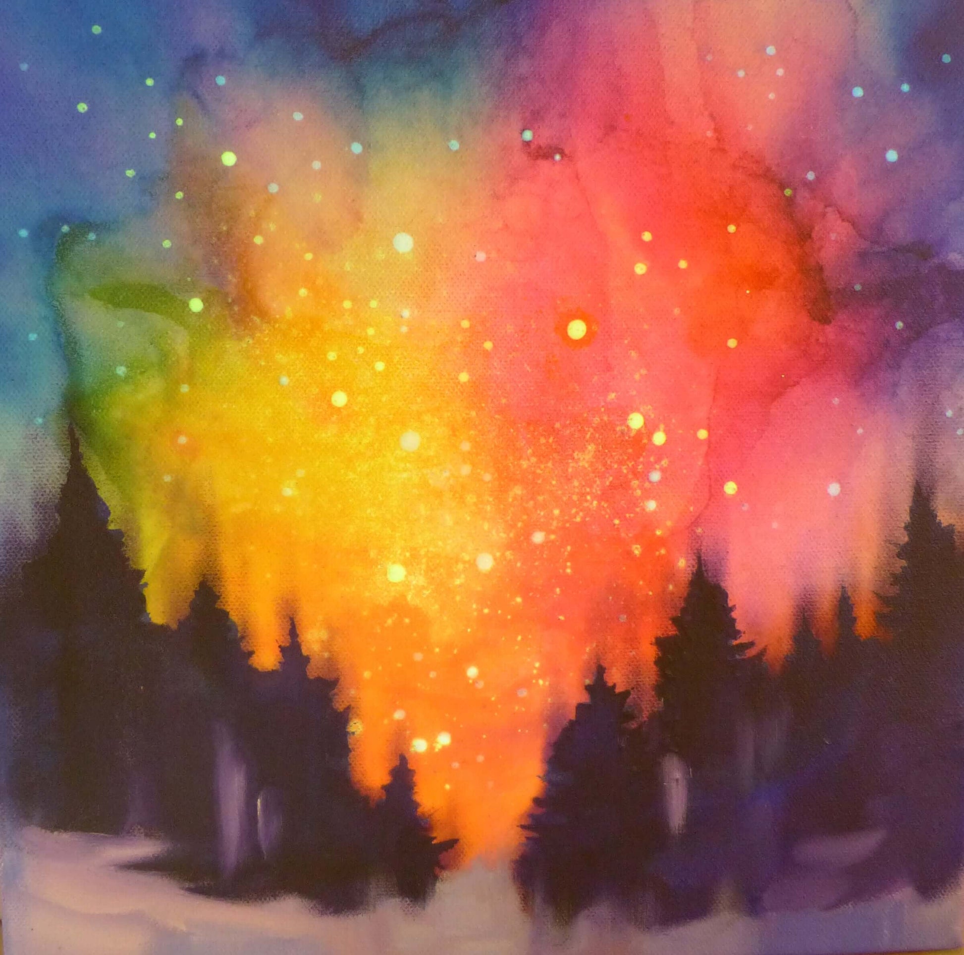 glow painting of sunset with glow stars