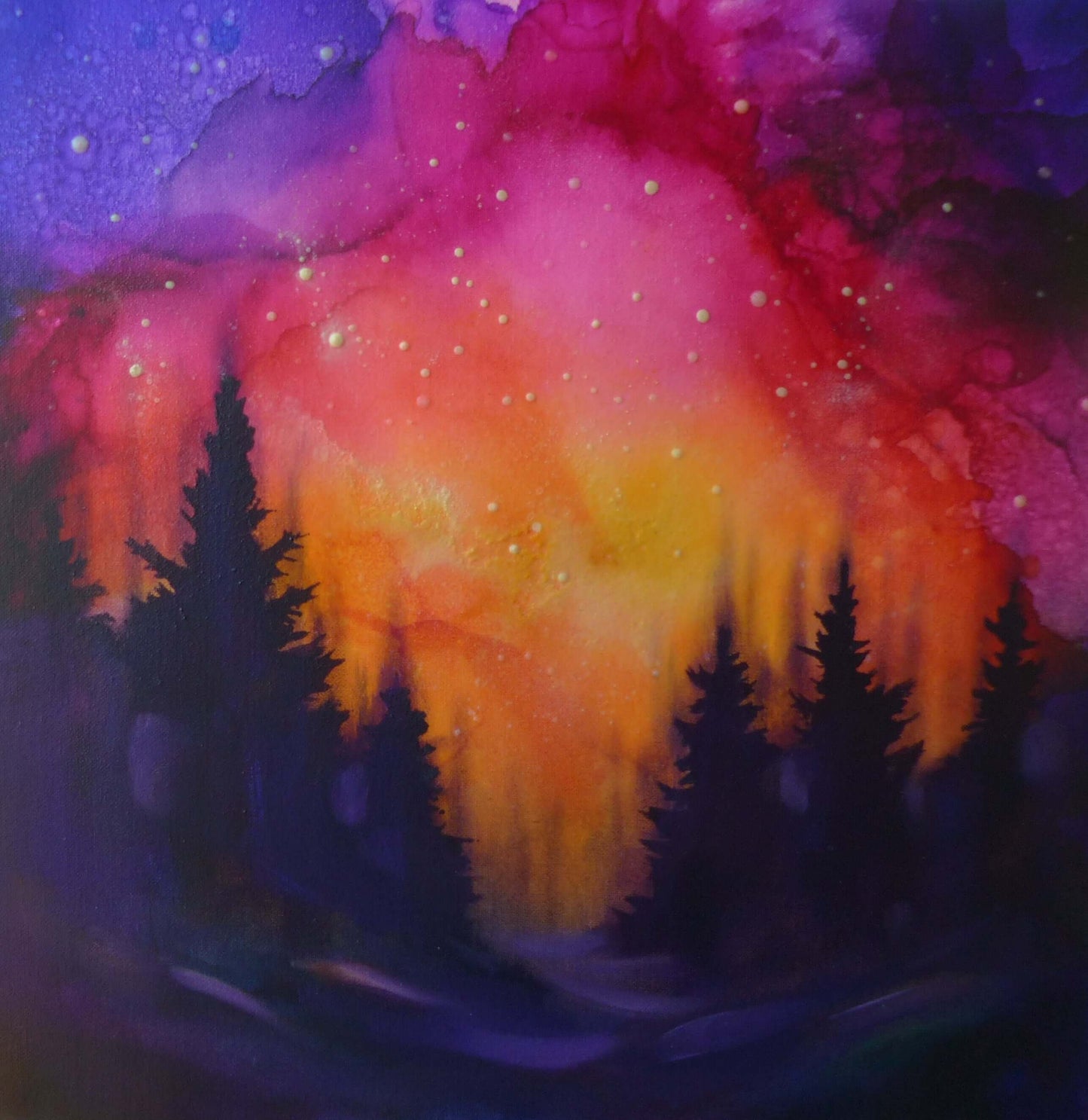 glow in the dark painting sunset over trees. 