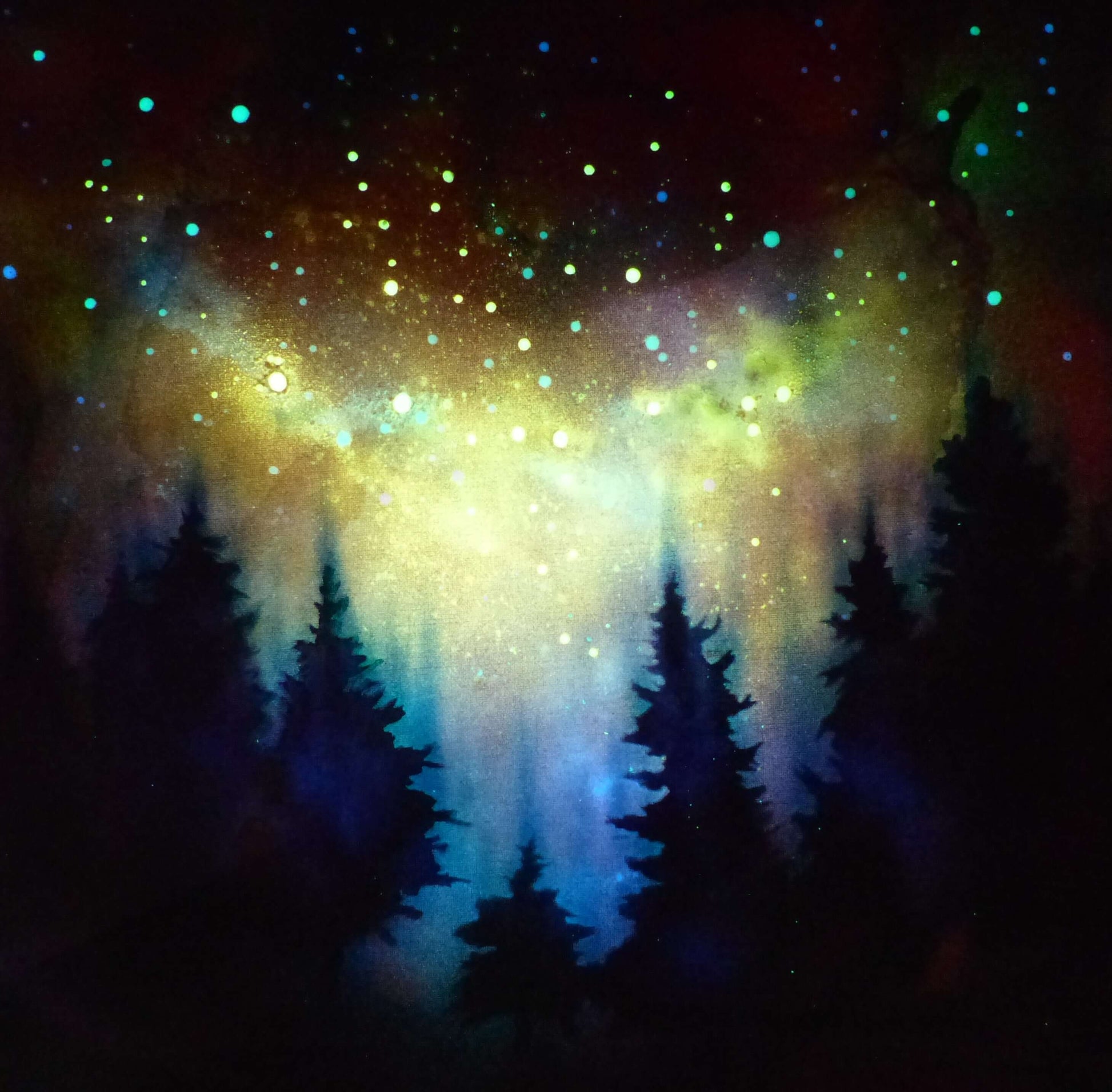 glow in the dark Starry night sky over silhouetted trees with a glowing nebula-like effect.