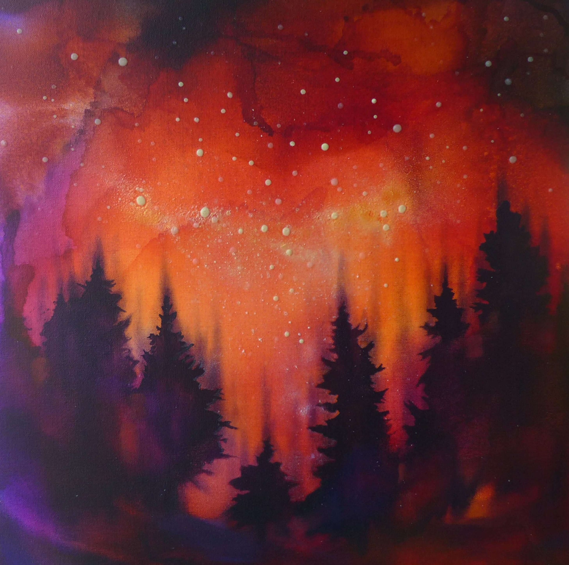 glow in the dark Painting of trees under a vibrant, fiery sky with stars.