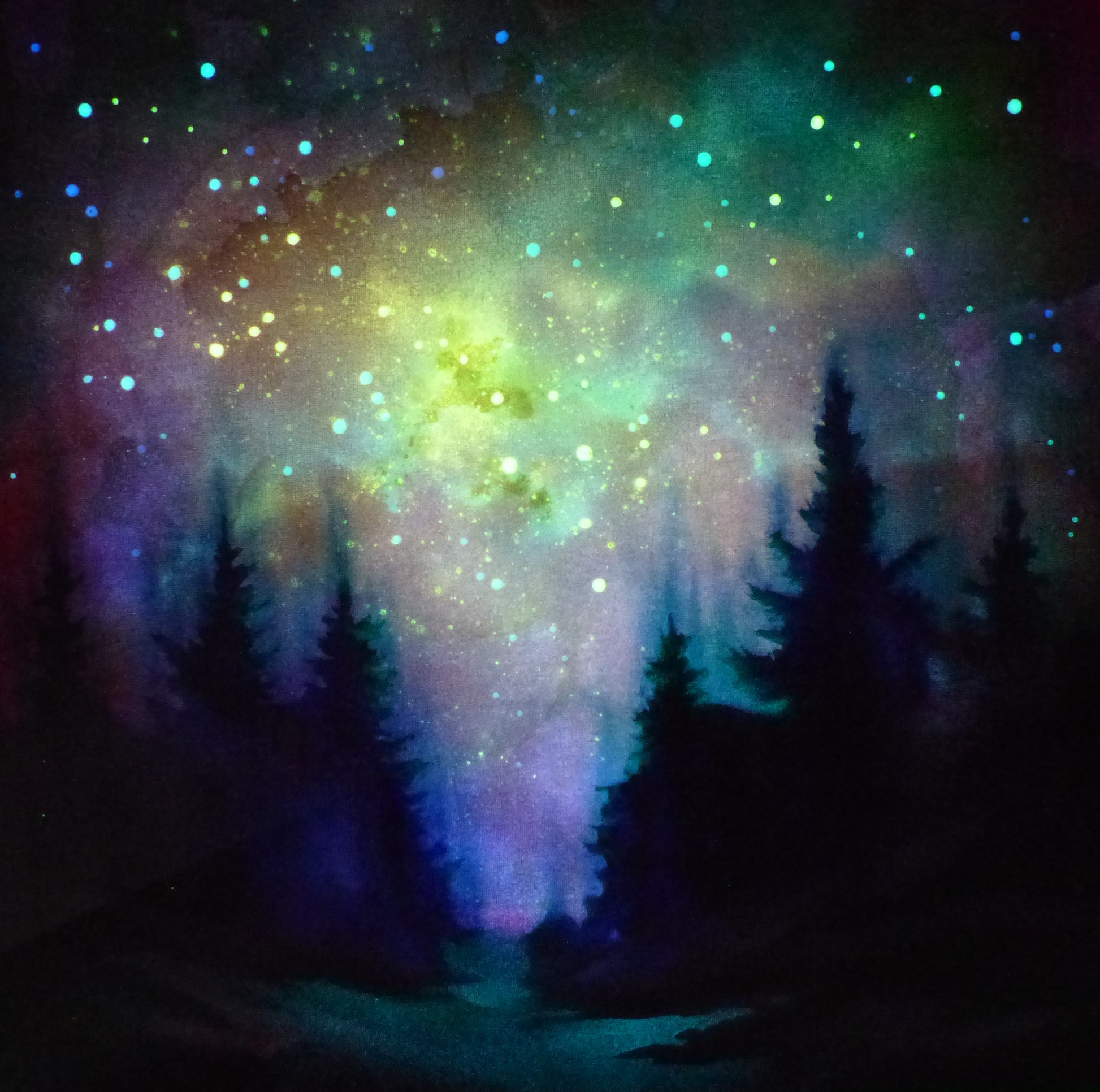 glow in the dark sunset trees art 