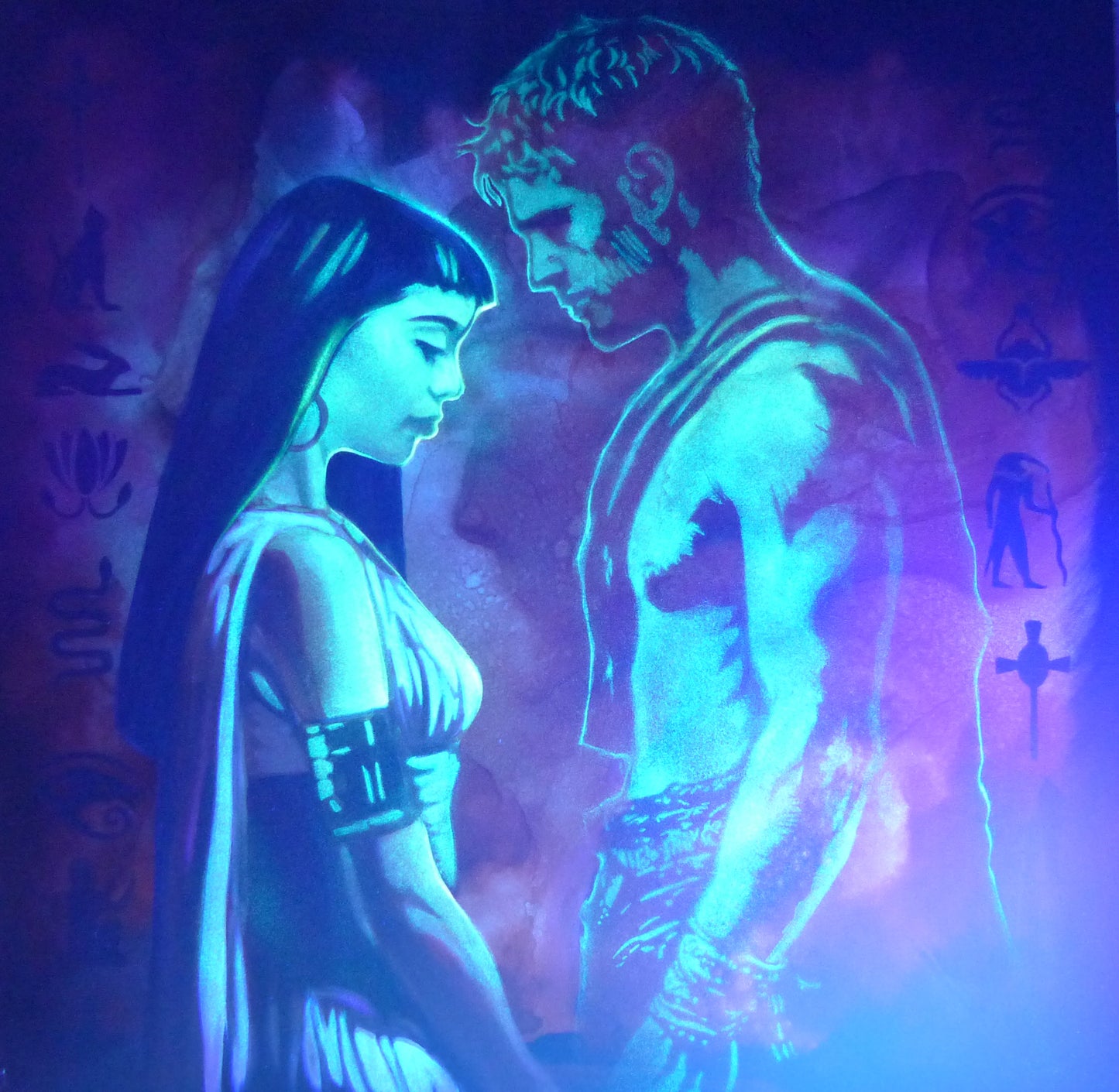 cleopatra and mark anthony glow in the dark painting under a UV light 
