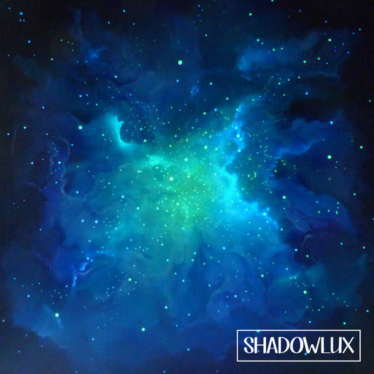 Nebula glow art in greens and aquas with stars 