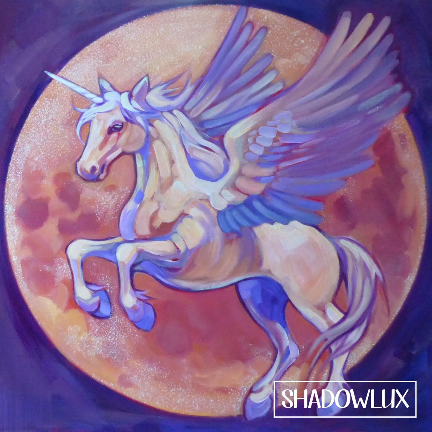 Hand-painted Pegasus art with wings spread open in front of a red full moon 