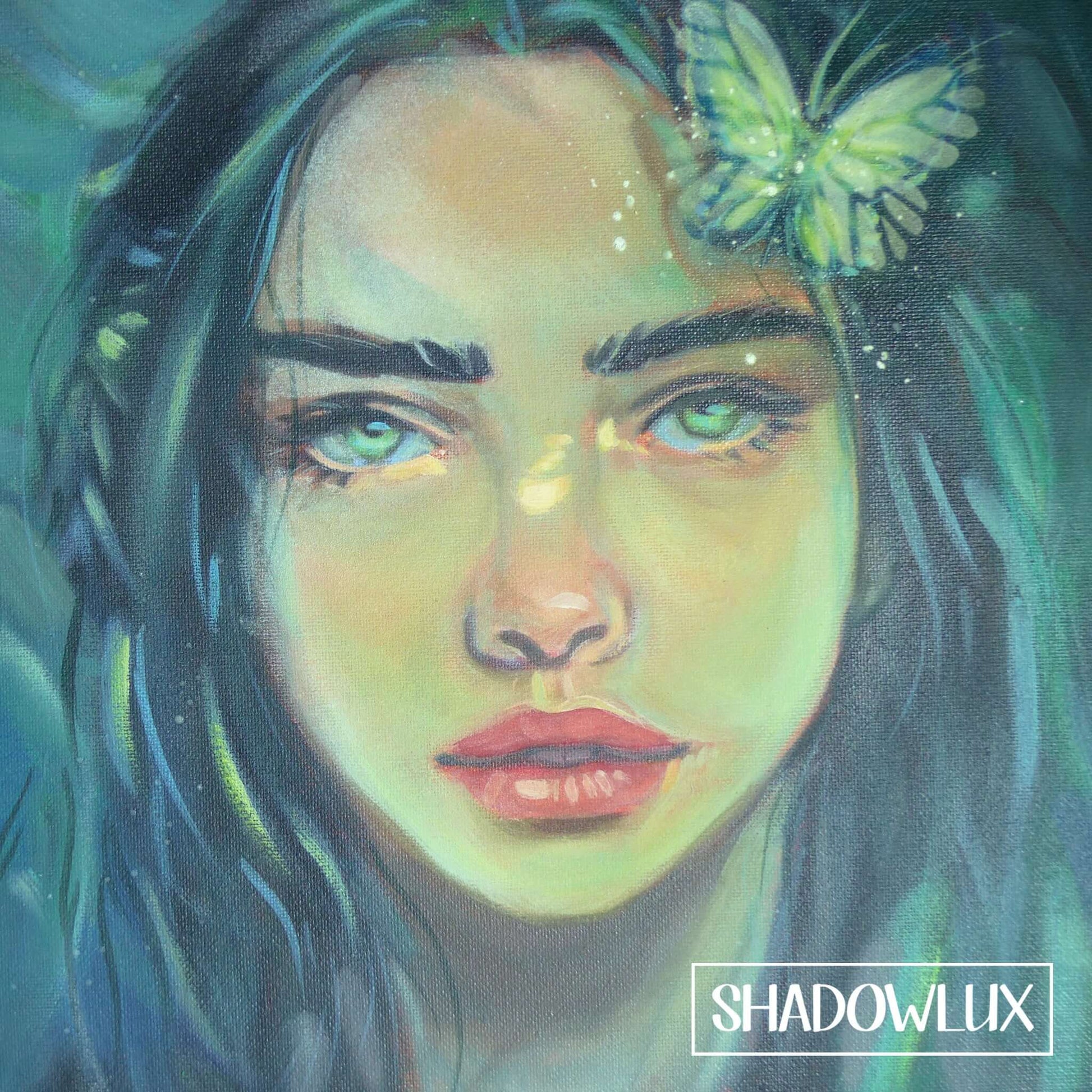 Glow in the dark fantasy art of an elf girl with long hair and a glowing butterfly in her forest