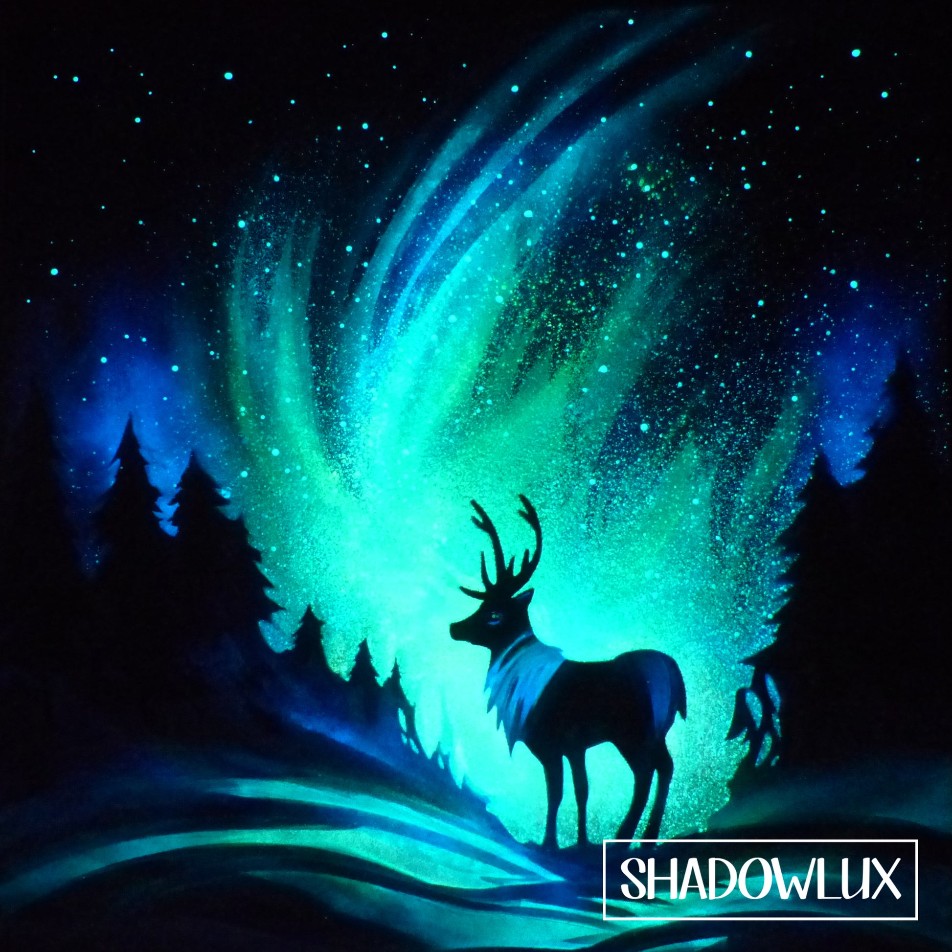 glow in the dark art of a deer and snowy landscape with glowing green and blue aurora. 