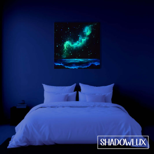 glow in the dark beach art showing night scene  with stars and nebula