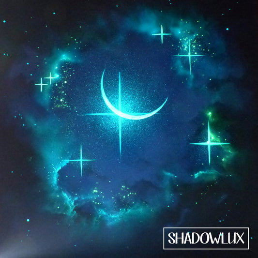 glow in the dark crescent moon painting with sparkle stars on a hand-painted blue canvas 