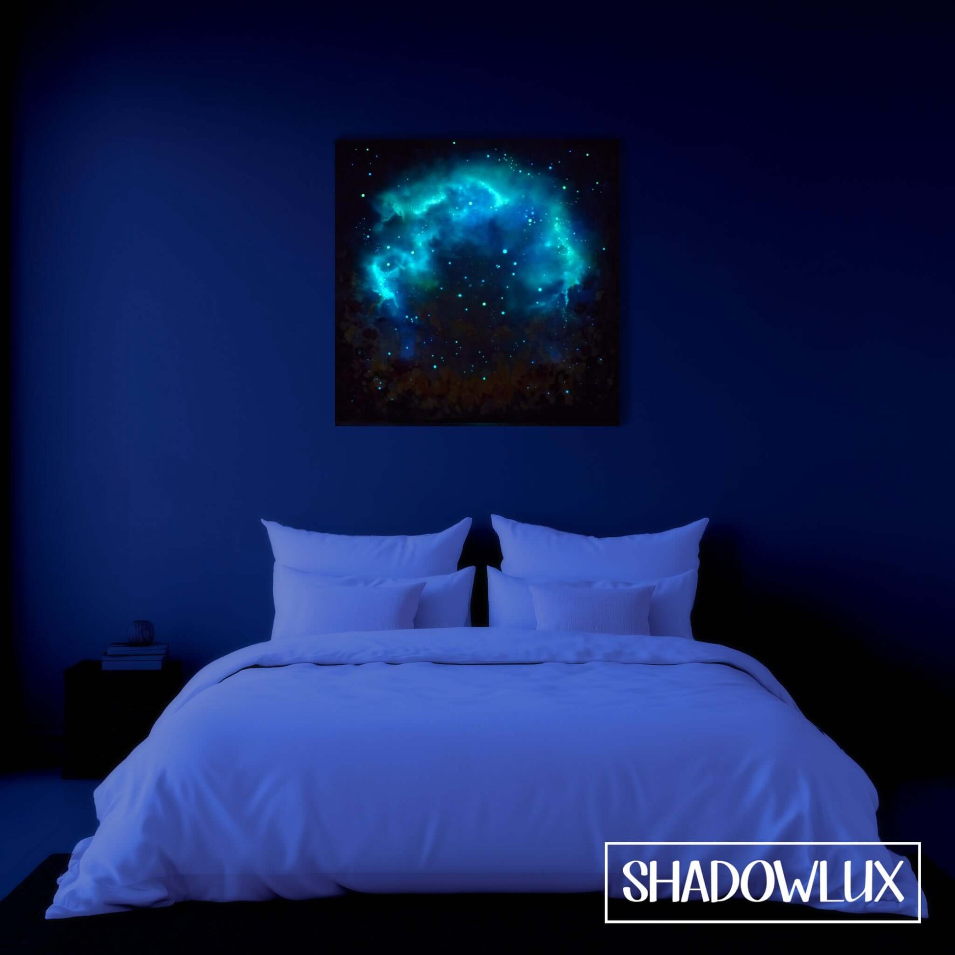glow in the dark flower art at night on a bedroom wall, showing the nebula glowing at night