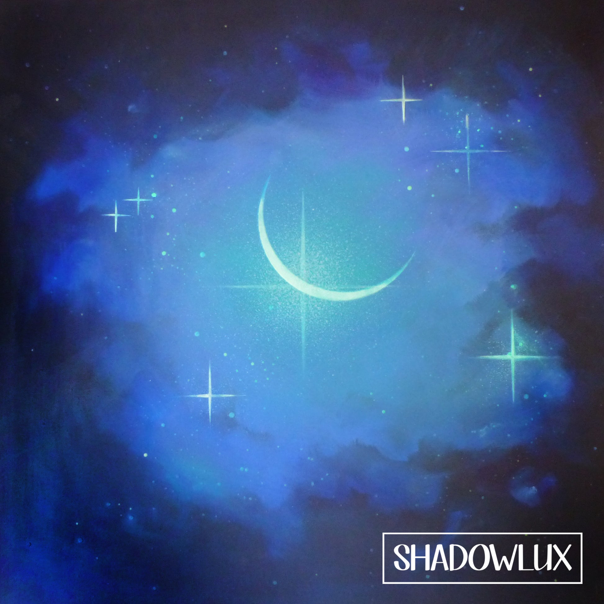 glow in the dark crescent Moon painting in different lighting conditions 