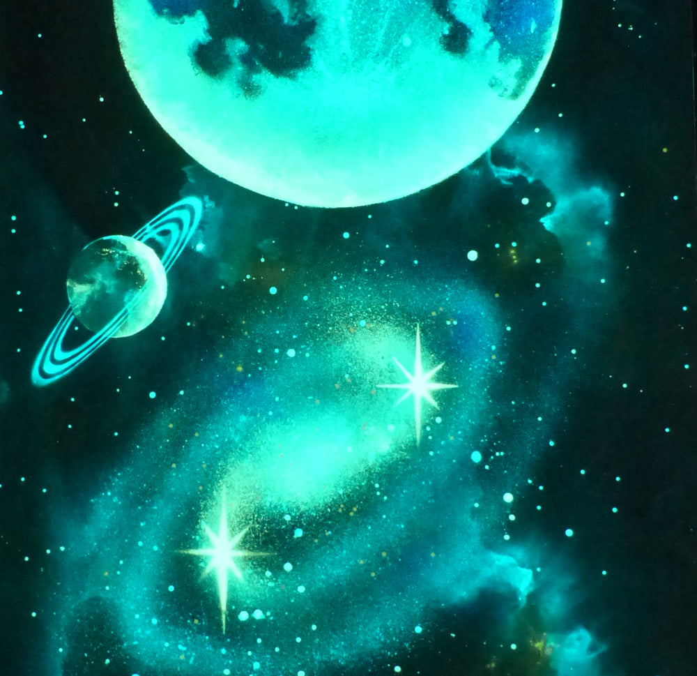 glow in the dark planet and galaxy with glowing green colors.