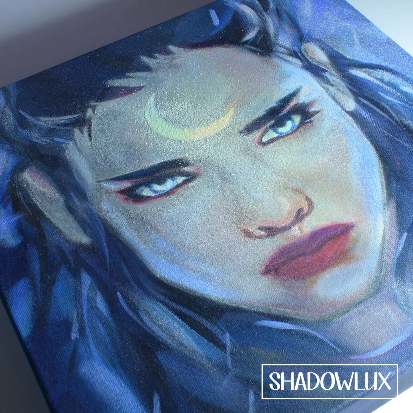 Glow in the dark art of a fantasy elf girl with luminous eyes and moon marking
