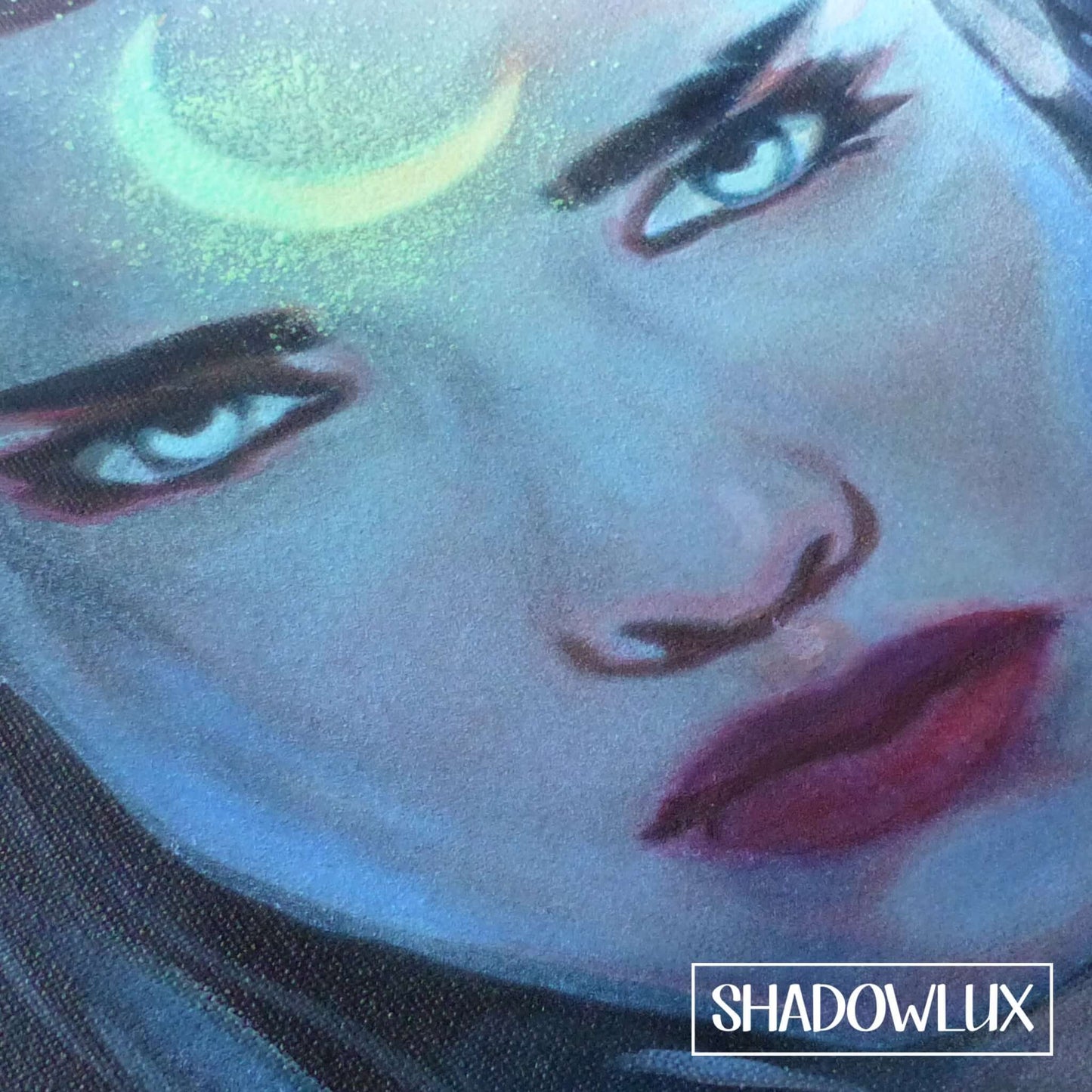 Glow in the dark fantasy art of a fierce elf girl with a glowing moon on her forehead