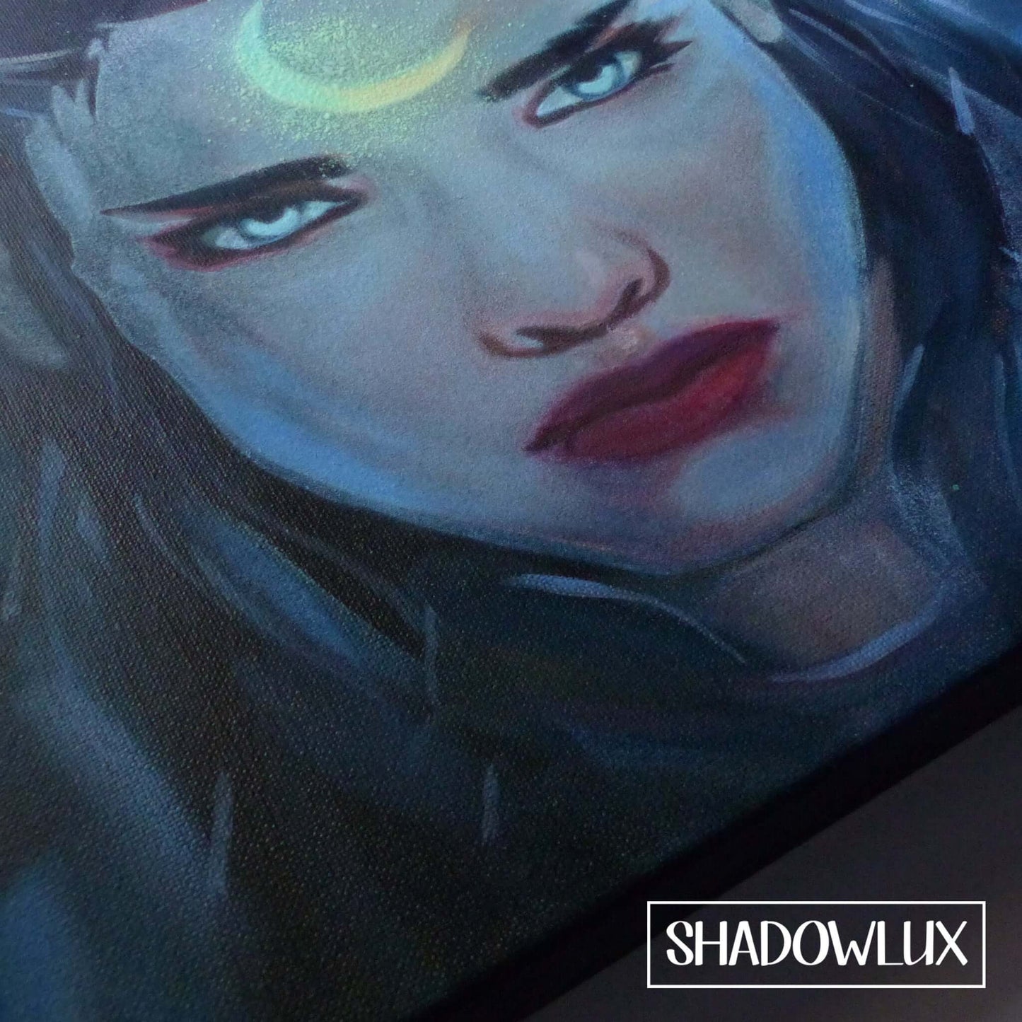 Glow in the dark elf portrait with a magical crescent tattoo