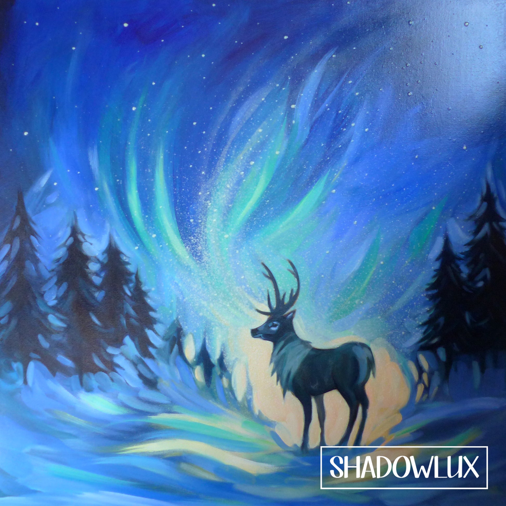 Acrylic Painting of a deer standing by snowy fir trees under a glowing green aurora sky