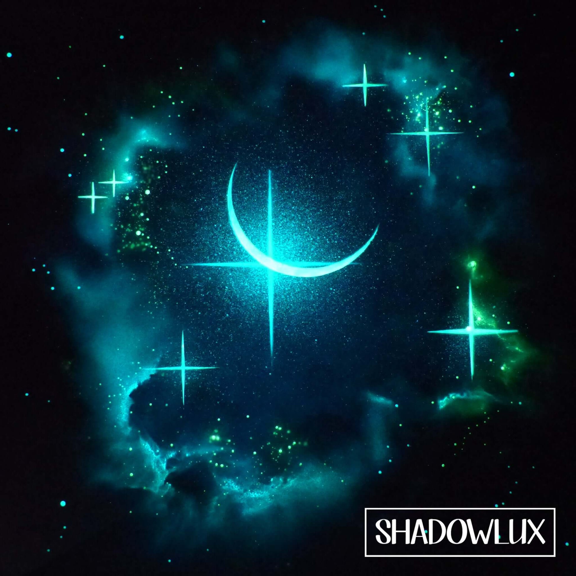 Ethereal glow in the dark painting of a crescent moon surrounded by glowing stars